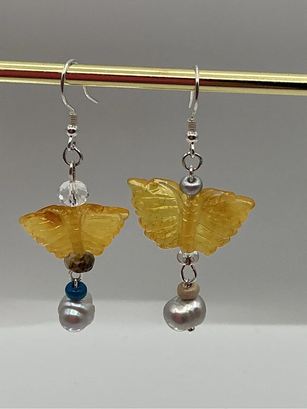 Yellow Amber Butterfly Pearl Drop Earrings